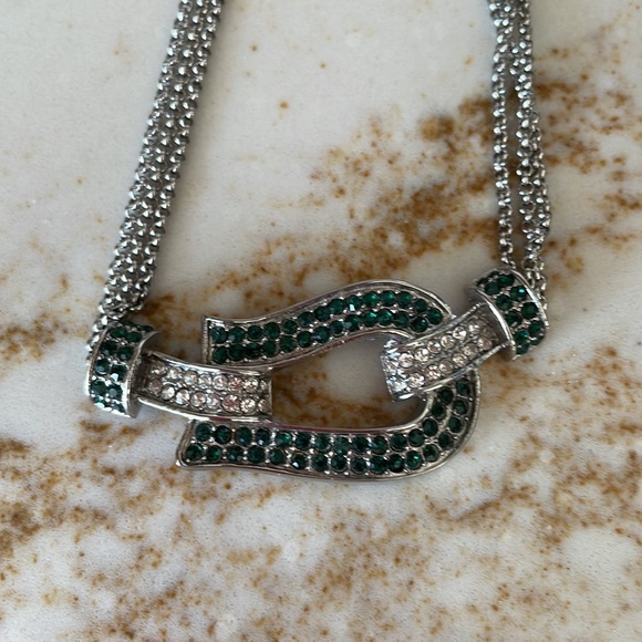 SIGAL BUCKLE CRYSTAL Silver Multi-Strand Triple Chain Necklace ~ 18” - Picture 4 of 8